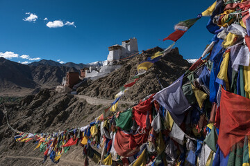 Obraz premium View of the castle in leh the capital of ladkah in india with the himalaya in the background