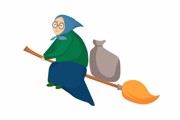 Befana flies on a broomstick with gifts. Vector illustration in cartoon style.