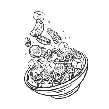 Greek salad falling into bowl otline hand drawn vector illustration. Flying salad with red tomatoes, pepper, feta, cucumber and olives concept cooking
