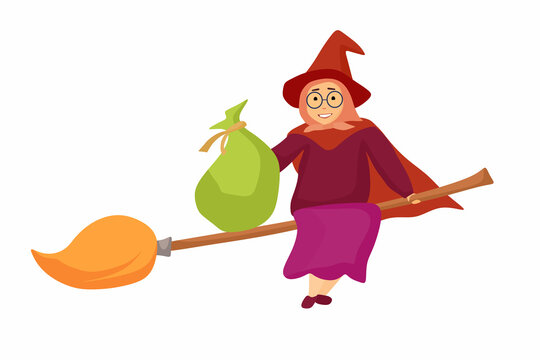 Befana flies on a broomstick with gifts. Vector illustration in cartoon style.