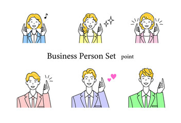 笑顔で指をさす仕草をしているビジネススーツ姿の可愛い男性と女性のアバターアイコンセット イラスト ベクター