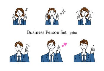 笑顔で指をさす仕草をしているビジネススーツ姿の可愛い男性と女性のアバターアイコンセット イラスト ベクター