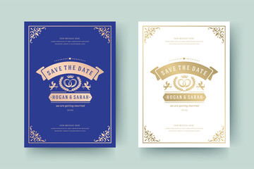 Wedding invitation save the date card templates with flourishes ornaments vignettes