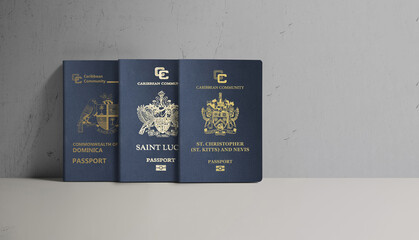 Caribbean passports, Saint Kitts and Nevis, Saint Lucia, Dominica, on a wall