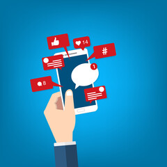 Social Media Smart Phone, Viral content, social media marketing and social media activity - likes, shares and comments popping up on the mobile screen	