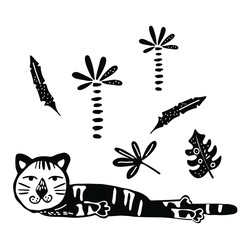 Cute cartoon hand drawn tiger for the design in scandinavian style. Black and white. Perfect for childish print, t-shirt, apparel, cards, poster, nursery decoration. Vector Illustration