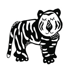 Cute cartoon hand drawn tiger for the design in scandinavian style. Black and white. Perfect for childish print, t-shirt, apparel, cards, poster, nursery decoration. Vector Illustration
