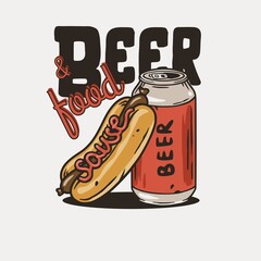 Beer can with hot dog for print. Original brew design with tin of beer and hotdog or fast food for bar