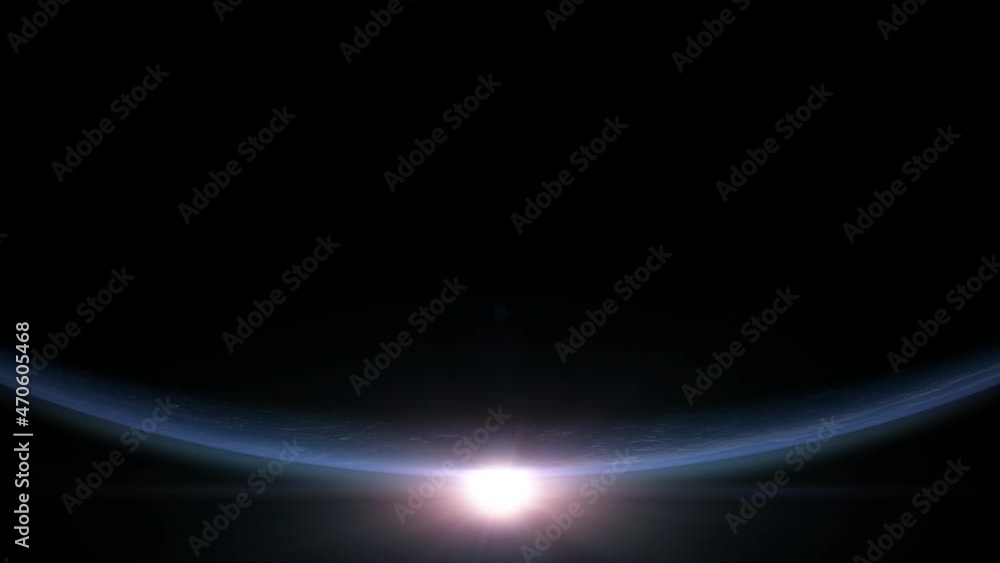 Poster sun rise above earth as view from space with vibrant blue atmosphere and cloudy sky showing continen