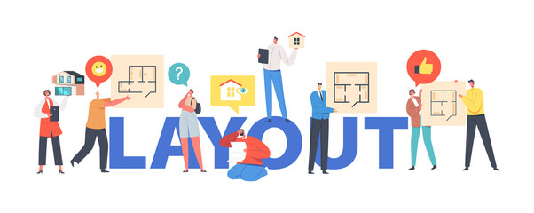 Happy Family Characters Choose Apartment Layout Concept. Mother, Father and Kids Discuss New Home Plan with Rooms