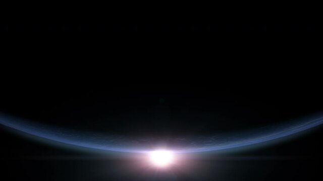 Sun rise above Earth as view from space with vibrant blue atmosphere and cloudy sky showing continents below