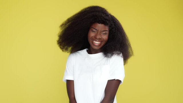 Funky crazy lady jump appear make surprise face rejoice on lemon backdrop