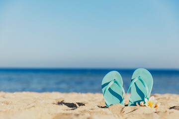 Fototapeta na wymiar Flip flops stuck in the sand on a sandy beach by the sea or ocean