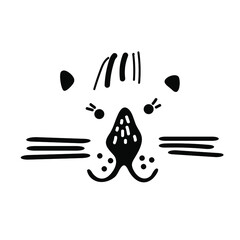 Portrait of cute cartoon hand drawn tiger for the design in scandinavian style. Black and white. Perfect for childish print, t-shirt, apparel, cards, poster, nursery decoration. Vector Illustration