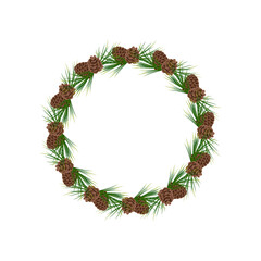 Round Christmas frame of fir and pine branches, long coniferous needles and cones. Festive decoration for the New Year and winter holidays