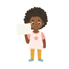 Cute african american girl holding empty banner. Pretty child show blank paper sheet.