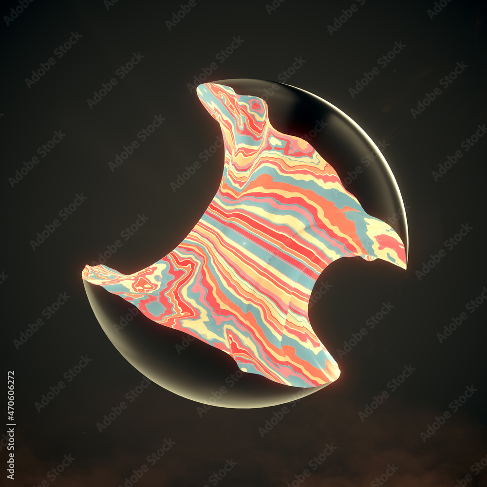 Poster Black shiny sphere cut through with a burning iridescent striped pattern. Abstract psychedelic 3d rendering illustration