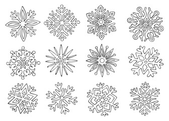 Thin line doodle snowflakes set. Ice crystal hand drawn. Vector collection of frosty pattern. Winter snow ornament. Christmas illustration isolated on white background.