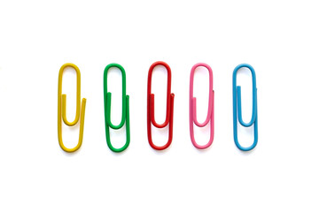 Top view of Colorful paper clips isolated on white background included clipping path.