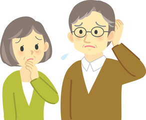 イラスト素材:老夫婦が向かい合って困った表情で思い悩む場面　 頭を掻く動作をするおじいさん
