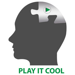 Abstract vector showing silhouette of the head of man with button play on a metallic piece of puzzle isolated on the white background.