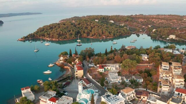 Aerial view of Porto Heli town at sunrise, Greece.