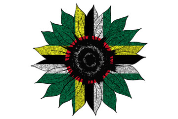 Big drawn glitter sunflower in colors of national flag. Dominica