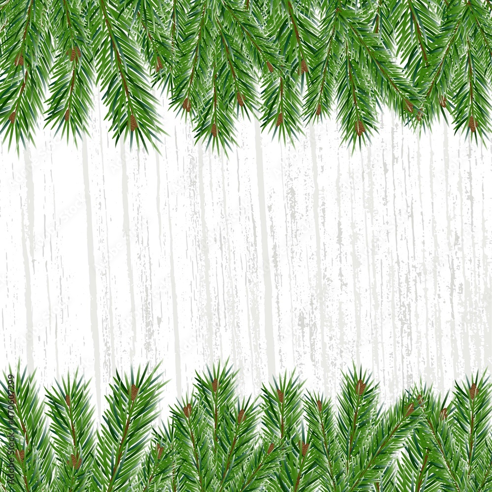 Poster green branches of spruce or pine on gray background. vector festive background with space for text. 