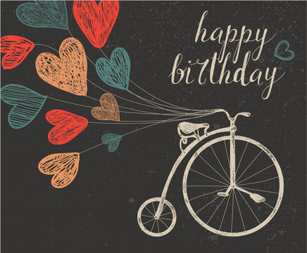 Vector retro hand drawn blackboard birthday card with bicycle and balloons. Hearts, vintage style