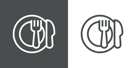 Logotipo restaurante. Icono con silueta de tenedor y cuchillo en un plato con líneas en fondo gris y fondo blanco © teracreonte