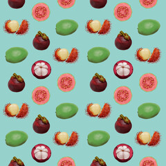 delicious appetizing exotic fruits seamless pattern with lychee, guava, mangosteen, tropical leaves