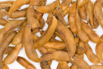 Dry soybean pods on a white surface, top view