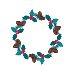 Round Christmas wreath of blue spruce branches with cones, leaves and holly berries. Festive decoration for the New Year and interior decor