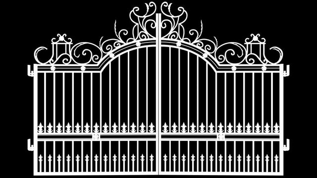 A set of ornate decorative cast iron driveway gates opening outwards on an isolated white background, alpha render included