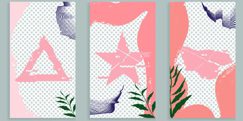 Social media covers with simple design elements . Boho style . Leaves . Post frame stories templates.  Layout for promotion .Media banner .Vector