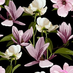 Seamless floral pattern with pink violet tropical magnolia, peony and tulips flowers with leaves on black background. Template design for textiles, interior, clothes, wallpaper. Botanical art. 