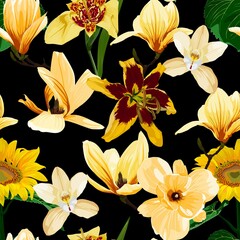 Seamless floral pattern with yellow tropical magnolia, lilies, orchid flowers on black background. Template design for textiles, interior, clothes, wallpaper. Botanical art. 