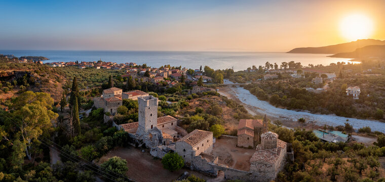 Panoramic aerial view of the old town of Kardamyli during a warm summer sunset, Lakonia, Mani, Greece
