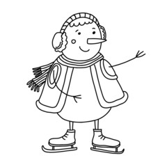 Snowman on skates doodle hand drawn illustration isolated on white. Black outline. Great for New Year and Christmas design and coloring books.