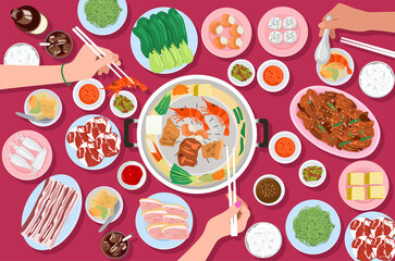 Top view of people eating Thai style BBQ, Vector Illustration