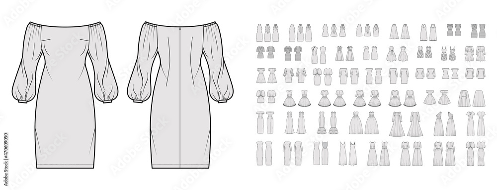 Wall mural Set of Dresses evening wedding technical fashion illustration with tube off-the-shoulder neckline, knee mini maxi midi length skirt. Flat apparel front, back, grey color style. Women unisex CAD mockup