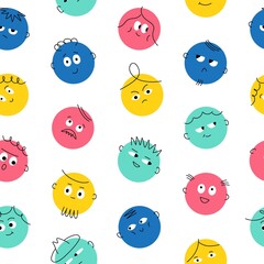 Obraz premium Round abstract comic face seamless pattern. Cute funny background with circle hand drawn emoticon elements for kids. Vector art