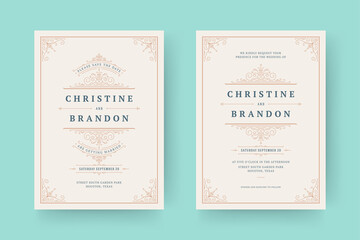 Wedding invitation and save the date cards flourishes ornaments vignette swirls.