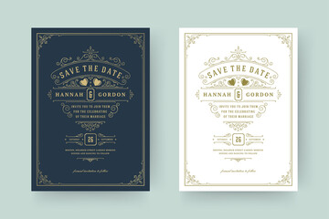 Wedding invitation save the date card template elegant flourishes ornaments vignette swirls vector illustration.
