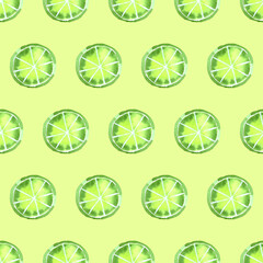Fruits seamless pattern with green lime slices on light green background.