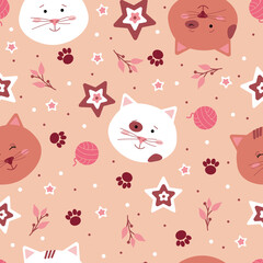 Seamless pattern with hand-drawn cute cat faces, cat paws, berries, stars. Vector illustration
