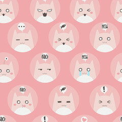 Seamless pattern with cute colorful cats with different emotion. Hand drawn cartoon kitten characters vector repeated background. Simple flat style design.