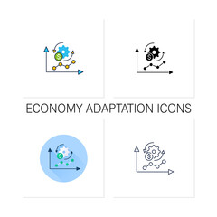 Economy adaptation icons set. Positive changes, new development, better technology.Changes in business.Collection of icons in linear, filled, color styles.Isolated vector illustrations