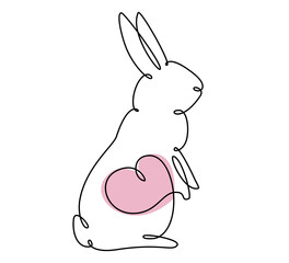 Easter bunny with heart continuous one line drawing. Rabbit simple image. Minimalist vector illustration.