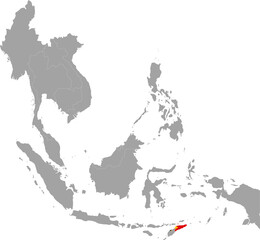 Map of East Timor with national flag inside the gray map of Southeast region of Asia